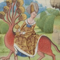 Woman riding multi-head creature - Medieval Fashions